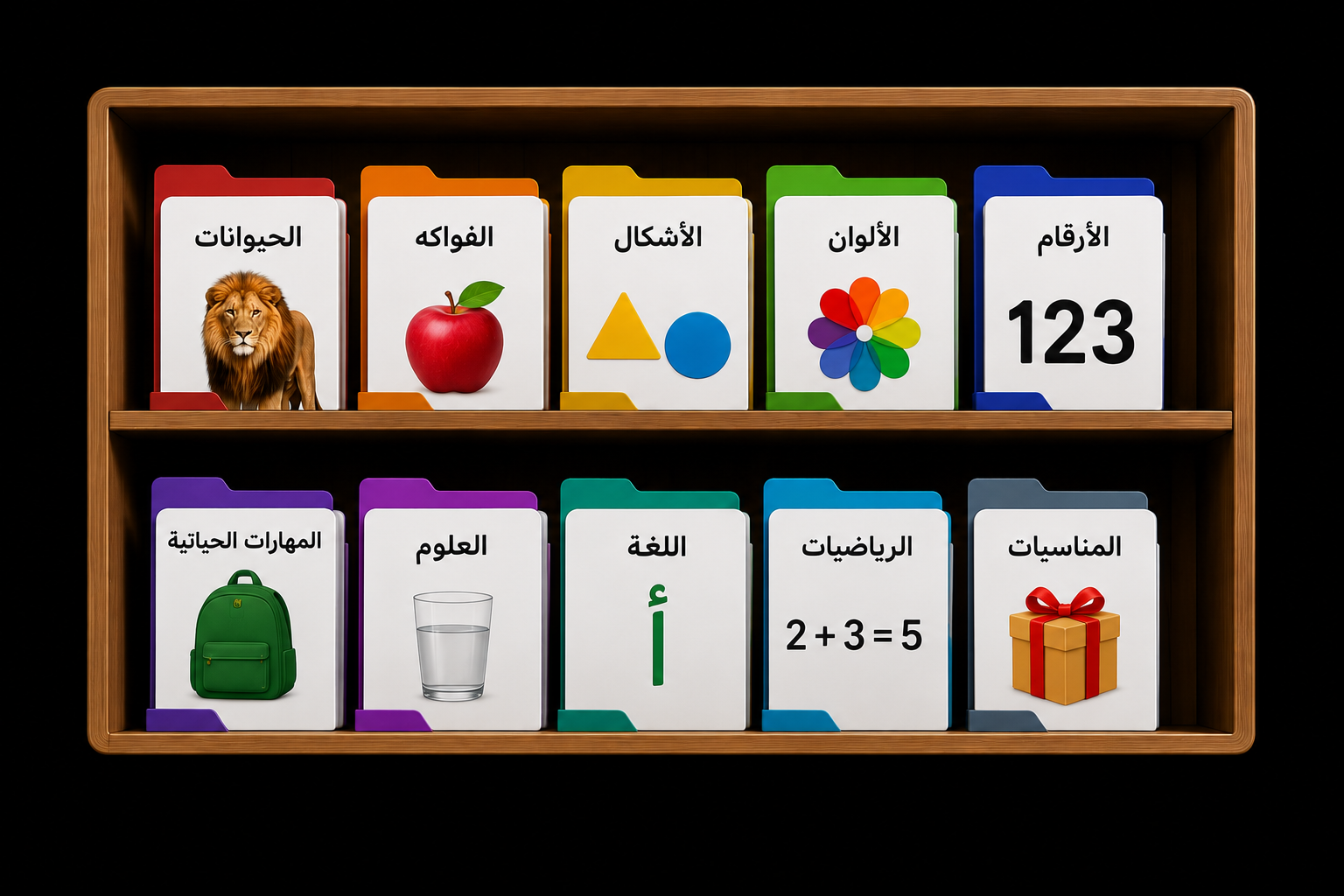 مكتبة وُضوح: بطاقات وأوراق عمل جاهزة مصنّفة حسب الموضوع — الحيوانات، الفواكه، الأشكال، الألوان، الأرقام، اللغة، الرياضيات، العلوم، المهارات الحياتية، والمناسبات
